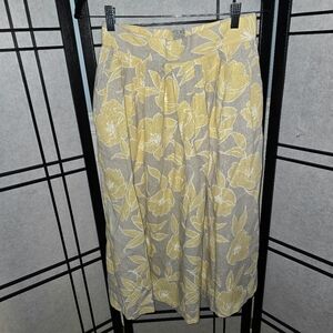 Vintage Womens Yellow & Biege Floral Midi Pleated Flax Blend Skirt Size XS